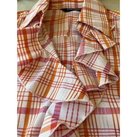 Sharagano Womens Ruffled Retro Madras Plaid Button Shirt M Preppy Cottagecore - Picture 7 of 10